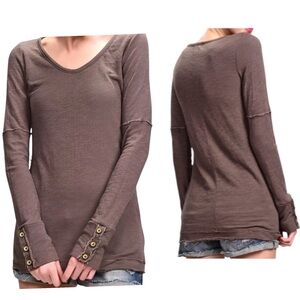 Americanable brown long-sleeve v-neck tunic top button cuff boho indie grunge S